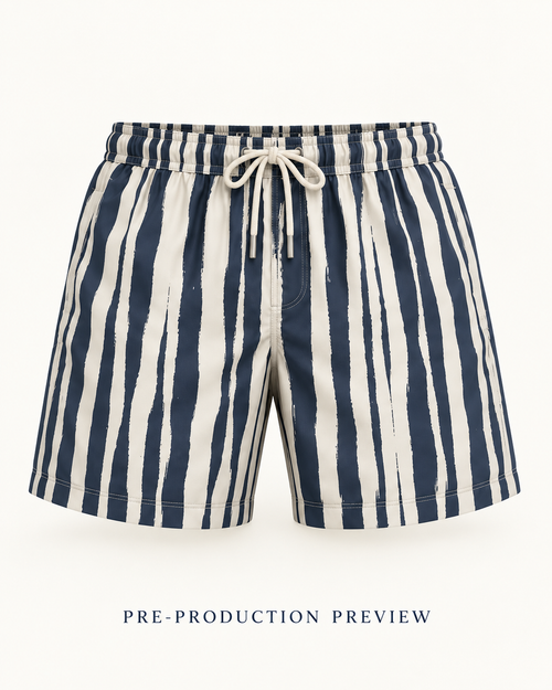 Generated pre-production front preview of Broken stripe swim shorts.