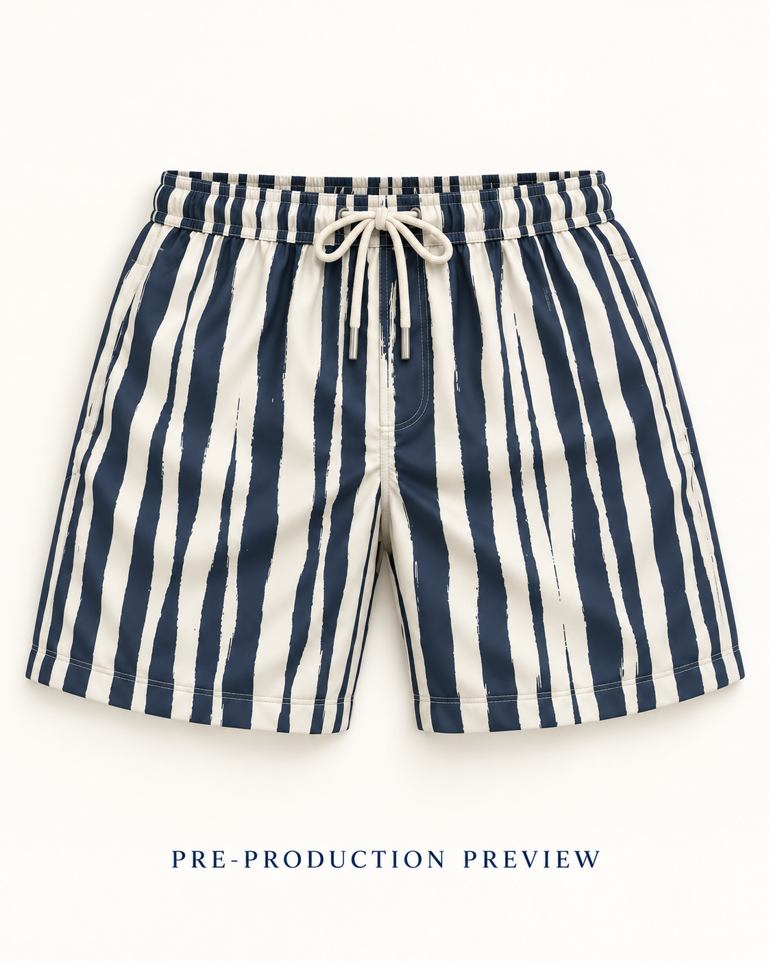 Generated pre-production flat lay preview of Broken stripe swim shorts.