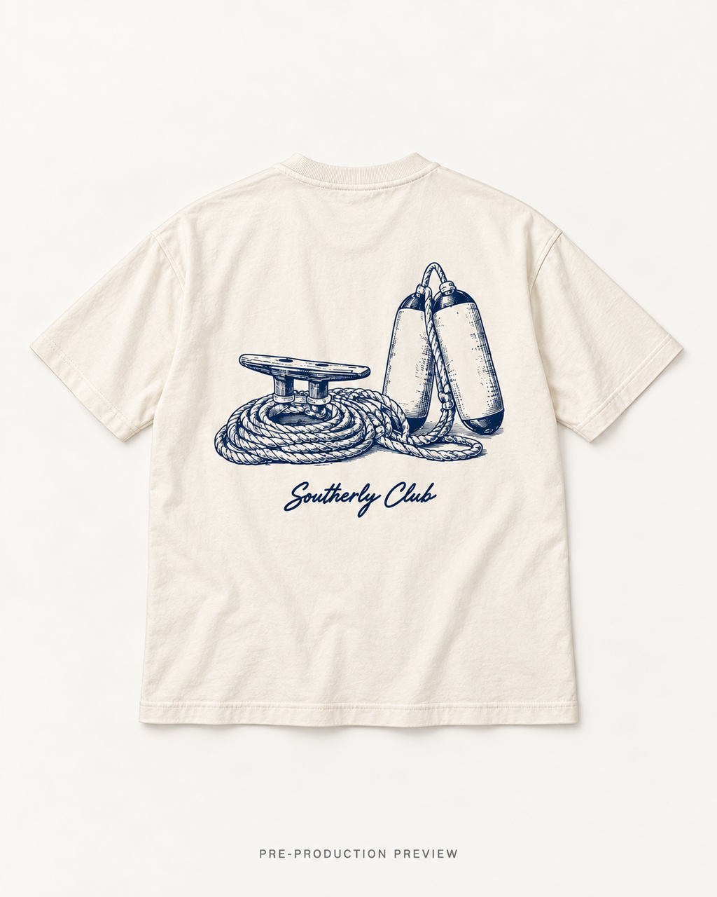 Generated pre-production flat lay preview of Mooring Study Graphic Tee 001.