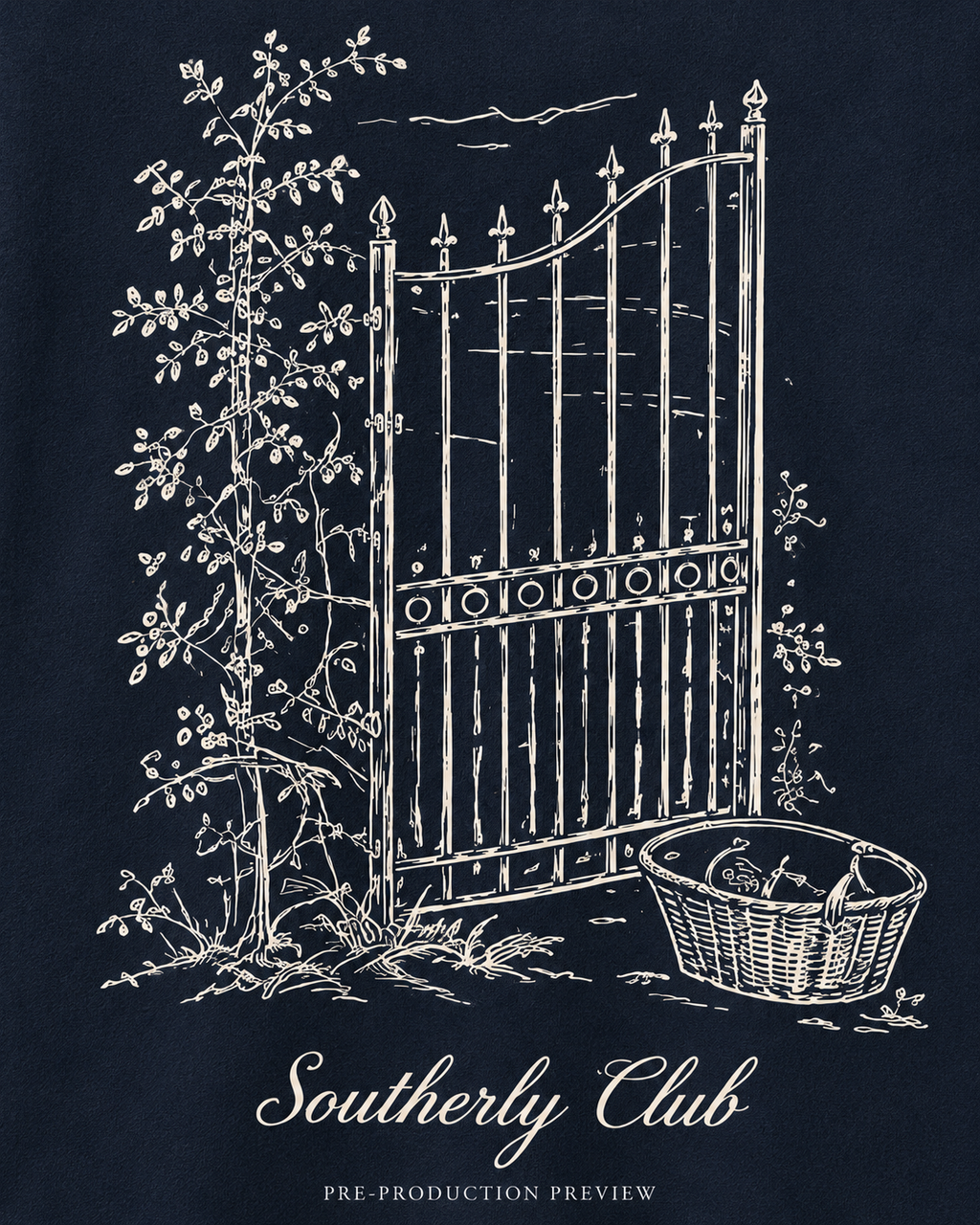 Generated pre-production artwork detail preview of Courtyard Gate Graphic Tee 061.