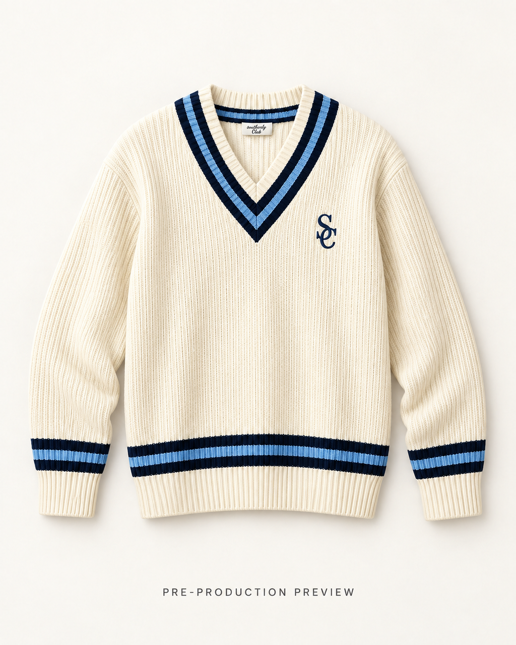 Generated pre-production flat lay preview of Southerly Cricket V-Neck Knit 081.