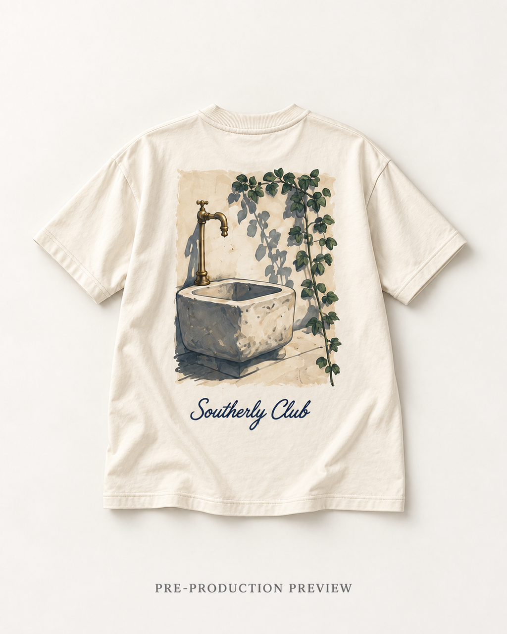Generated pre-production flat lay preview of Quiet Basin Graphic Tee 084.