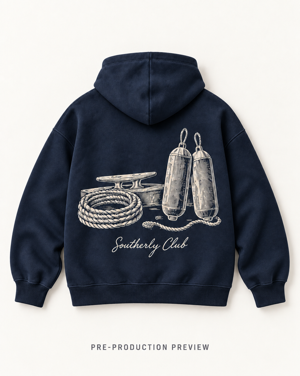 Generated pre-production flat lay preview of Mooring Study Graphic Hoodie 085.