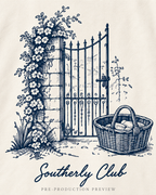 Generated pre-production artwork detail preview of Courtyard Gate Graphic Tee 089.