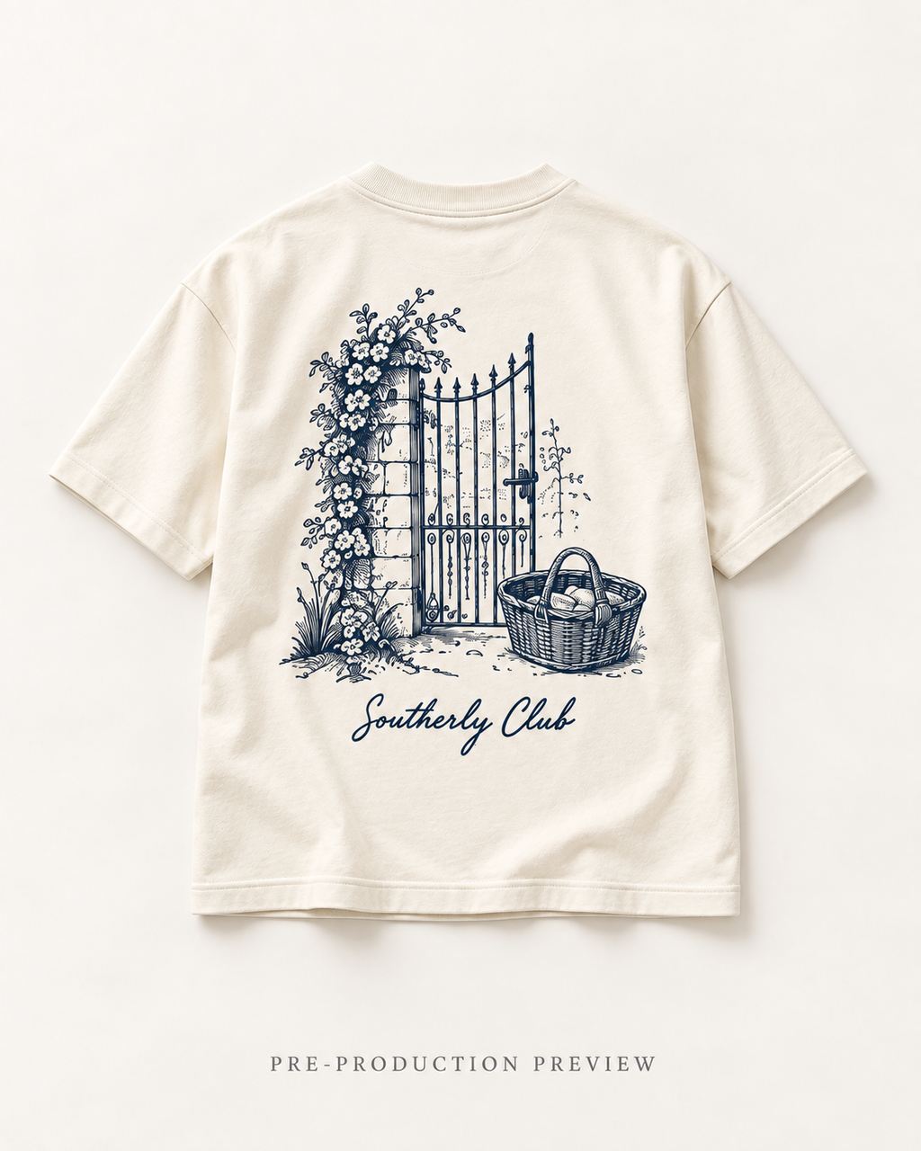 Generated pre-production flat lay preview of Courtyard Gate Graphic Tee 089.