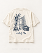 Generated pre-production flat lay preview of Courtyard Gate Graphic Tee 089.