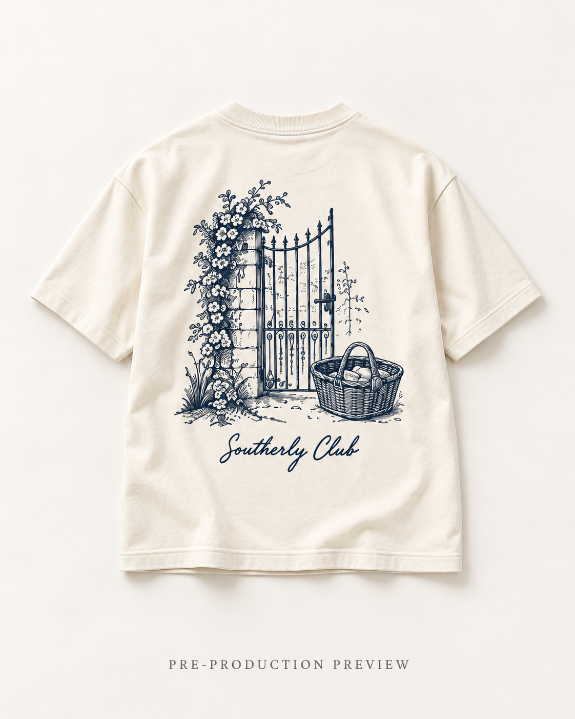 Generated pre-production flat lay preview of Courtyard Gate Graphic Tee 089.