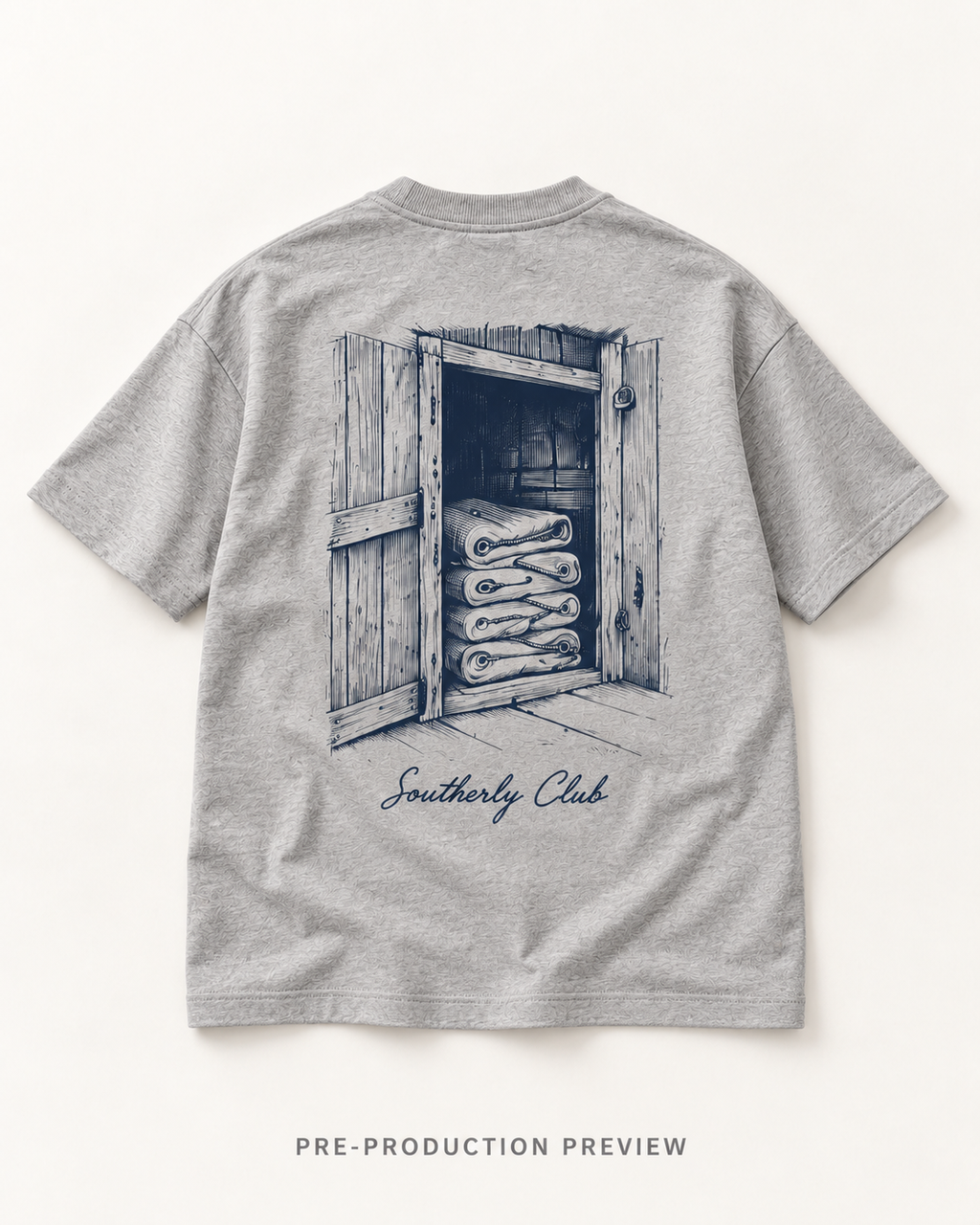 Generated pre-production flat lay preview of Boat Shed Graphic Tee 099.