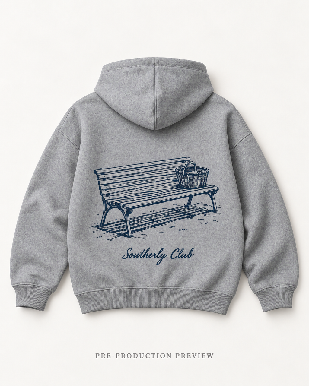 Generated pre-production flat lay preview of Jetty Bench Graphic Hoodie 115.