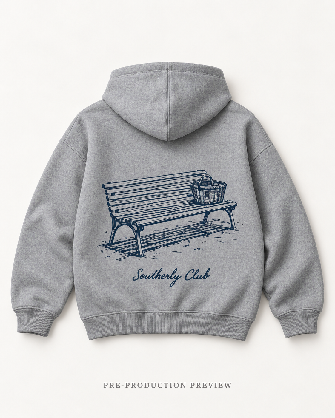 Generated pre-production flat lay preview of Jetty Bench Graphic Hoodie 115.