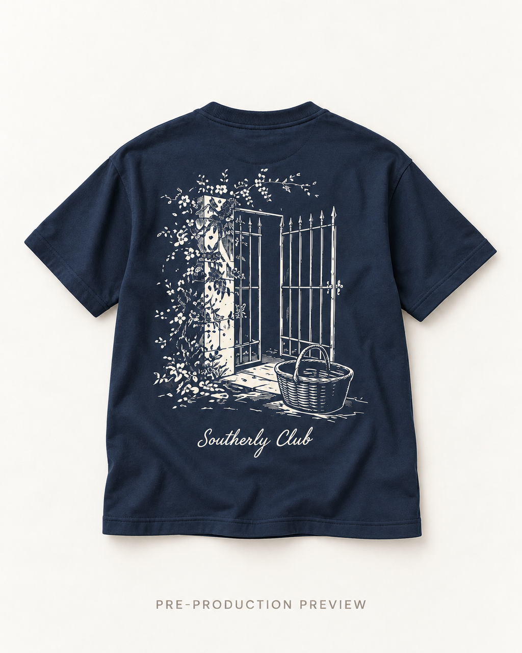Generated pre-production flat lay preview of Courtyard Gate Graphic Tee 117.