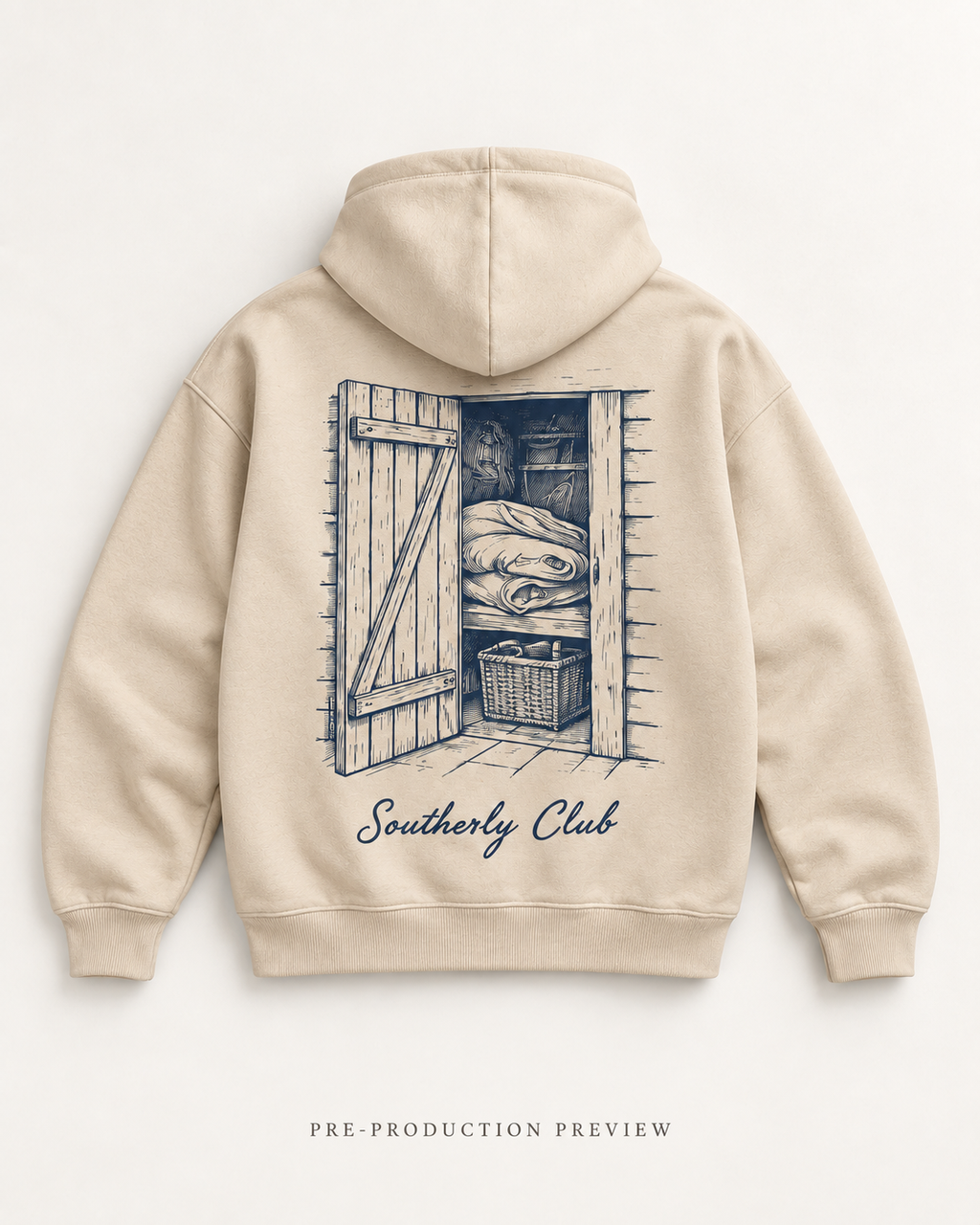 Generated pre-production flat lay preview of Boat Shed Graphic Hoodie 127.