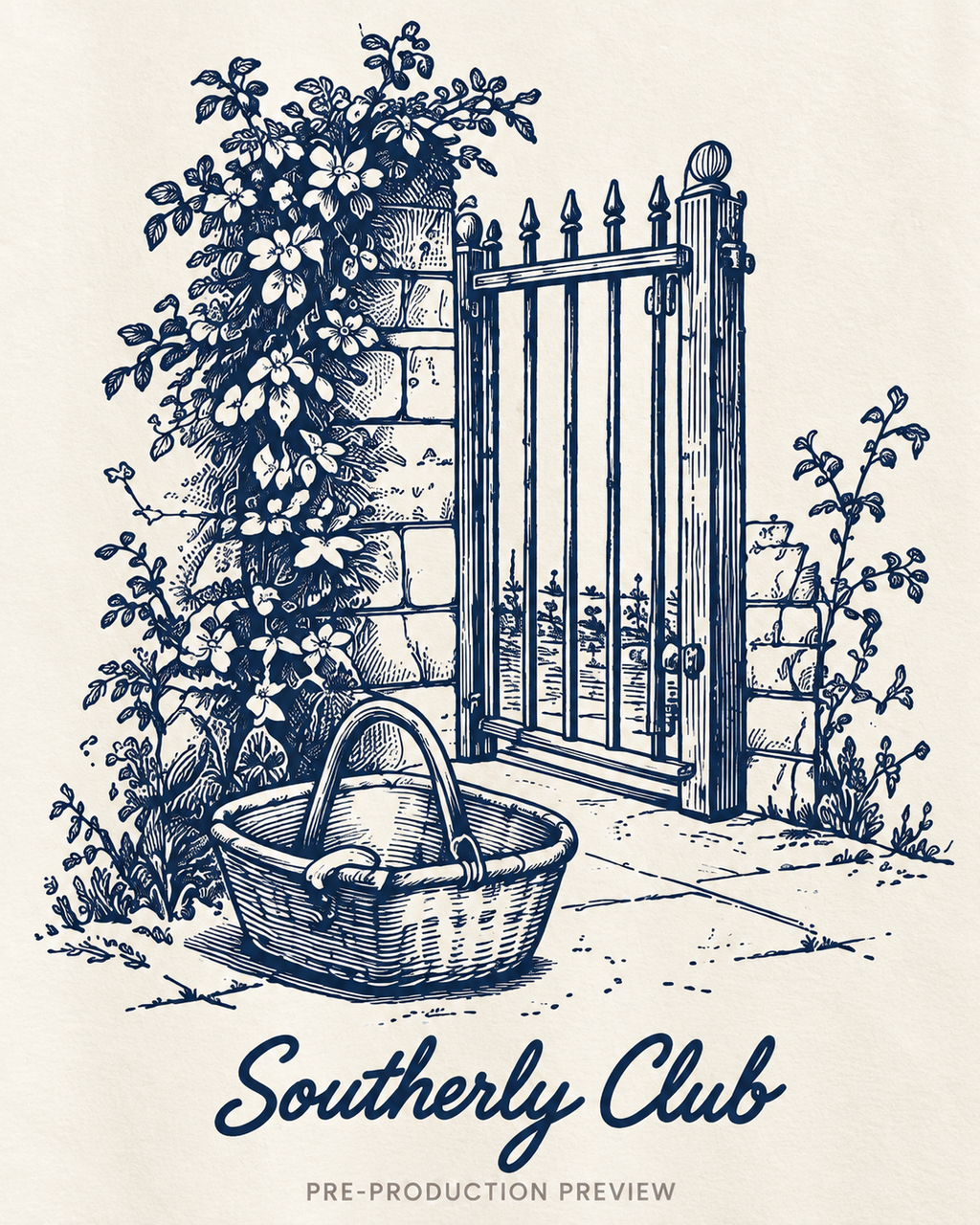 Generated pre-production artwork detail preview of Courtyard Gate Graphic Tee 145.
