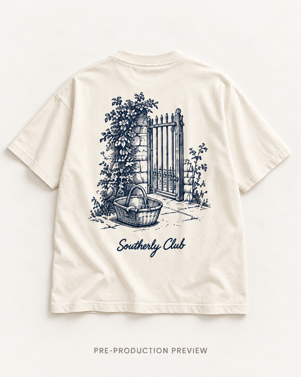 Generated pre-production flat lay preview of Courtyard Gate Graphic Tee 145.