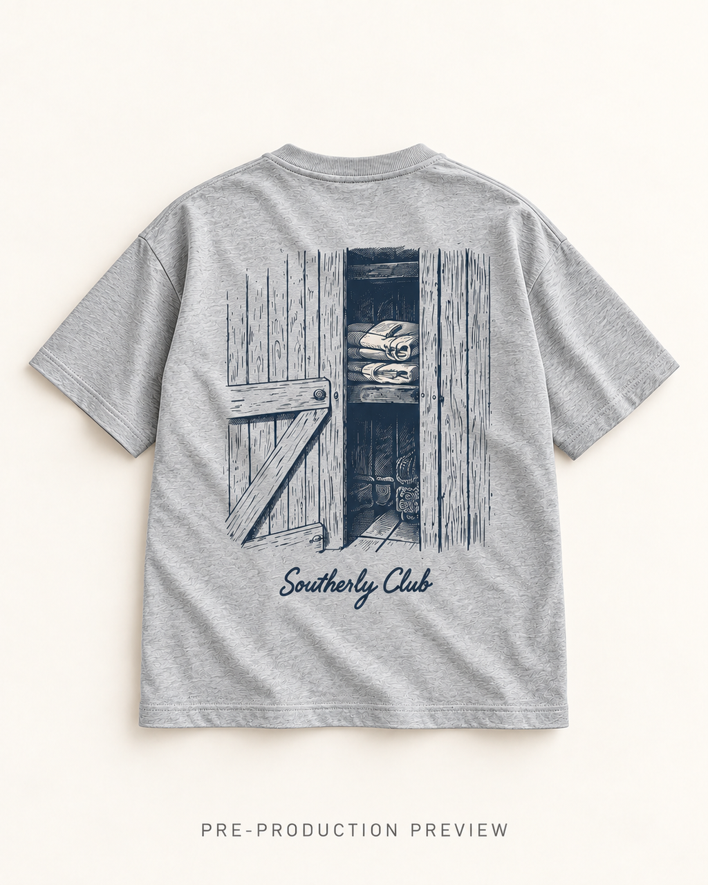 Generated pre-production flat lay preview of Boat Shed Graphic Tee 155.