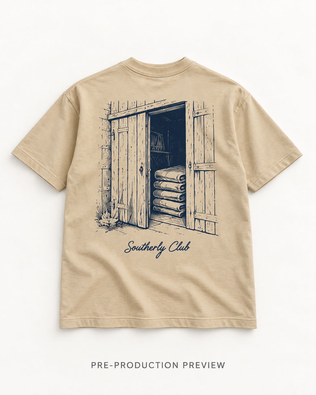 Generated pre-production flat lay preview of Boat Shed Graphic Tee 183.