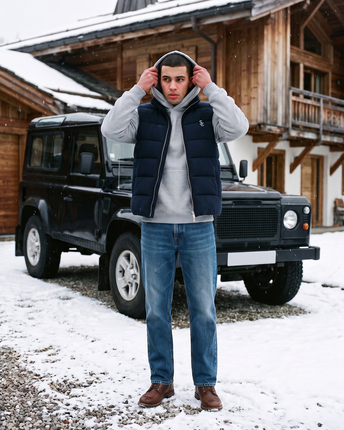AI-generated campaign concept: grey hoodie and navy quilted vest beside a car in the snow. Garment details and fit are unconfirmed.