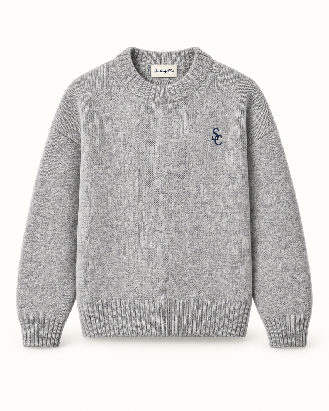 Generated pre-production front preview of Grey crew knit with Southerly Club neck label and SC chest monogram.