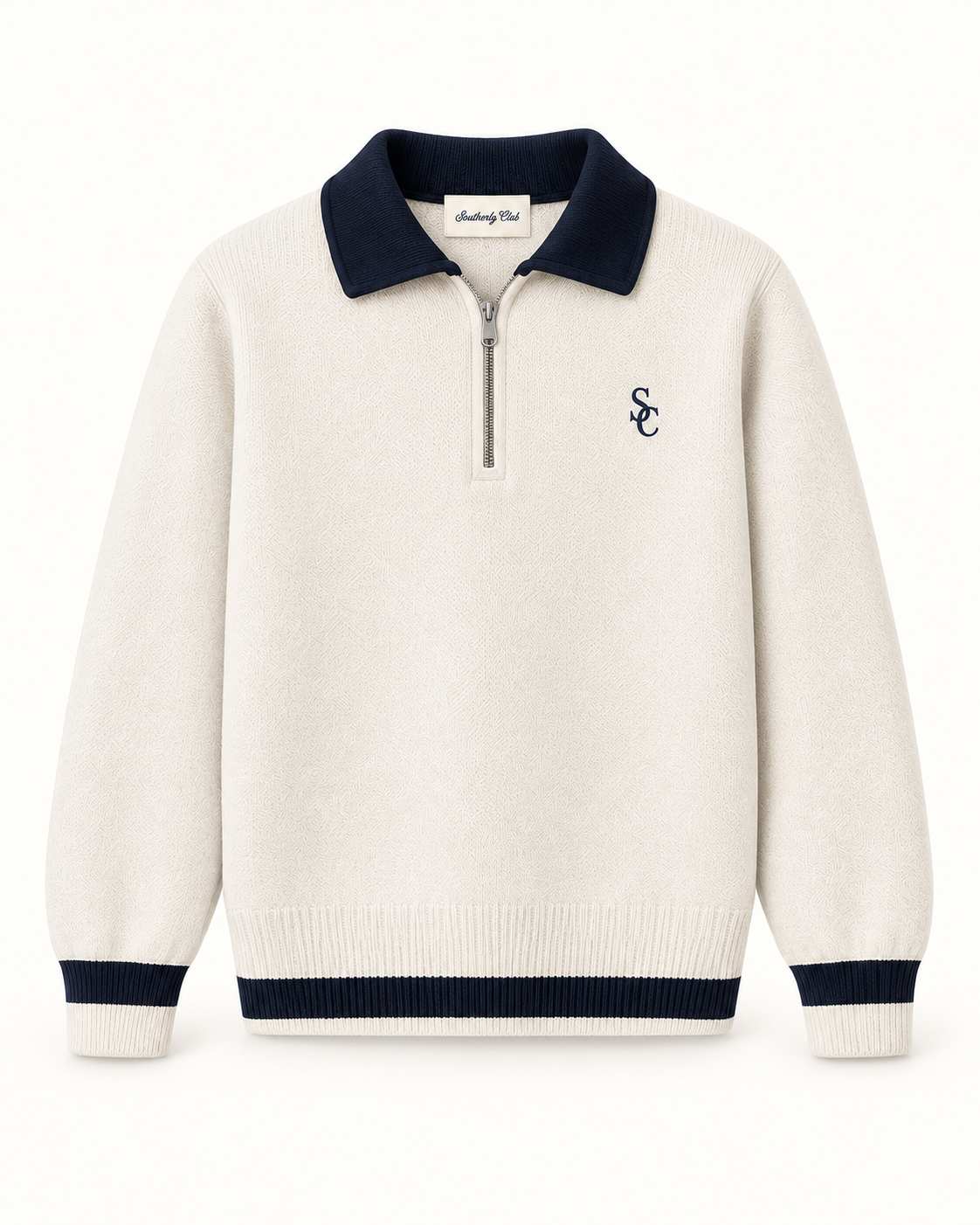 Southerly Club Cream quarter zip, front design preview