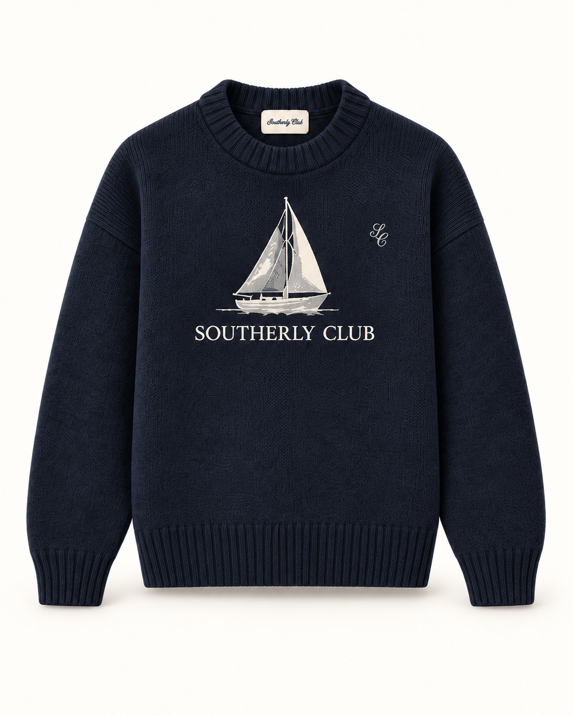 Southerly Club Navy yacht graphic knit, front design preview