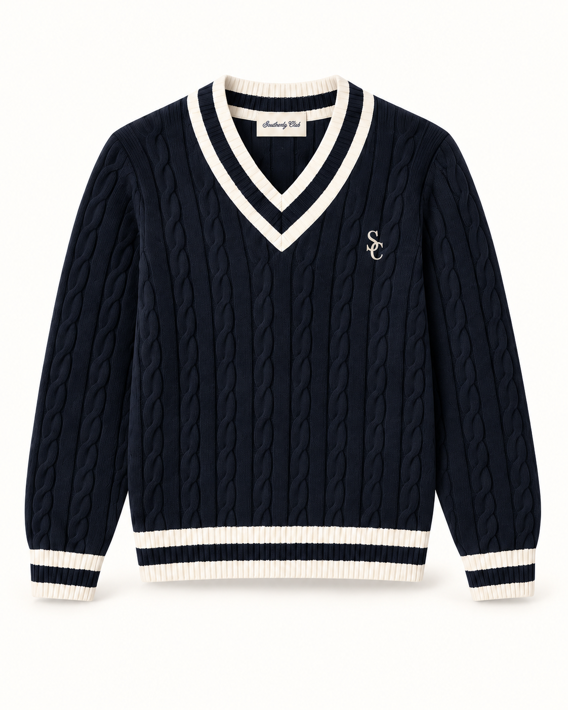 Southerly Club Cable V-neck knit, front design preview