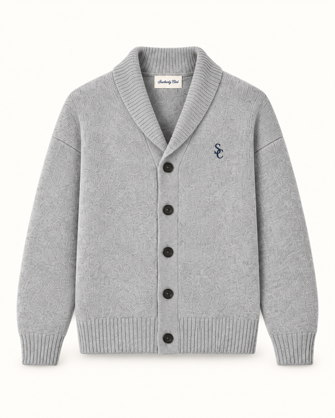 Southerly Club Grey shawl cardigan, front design preview