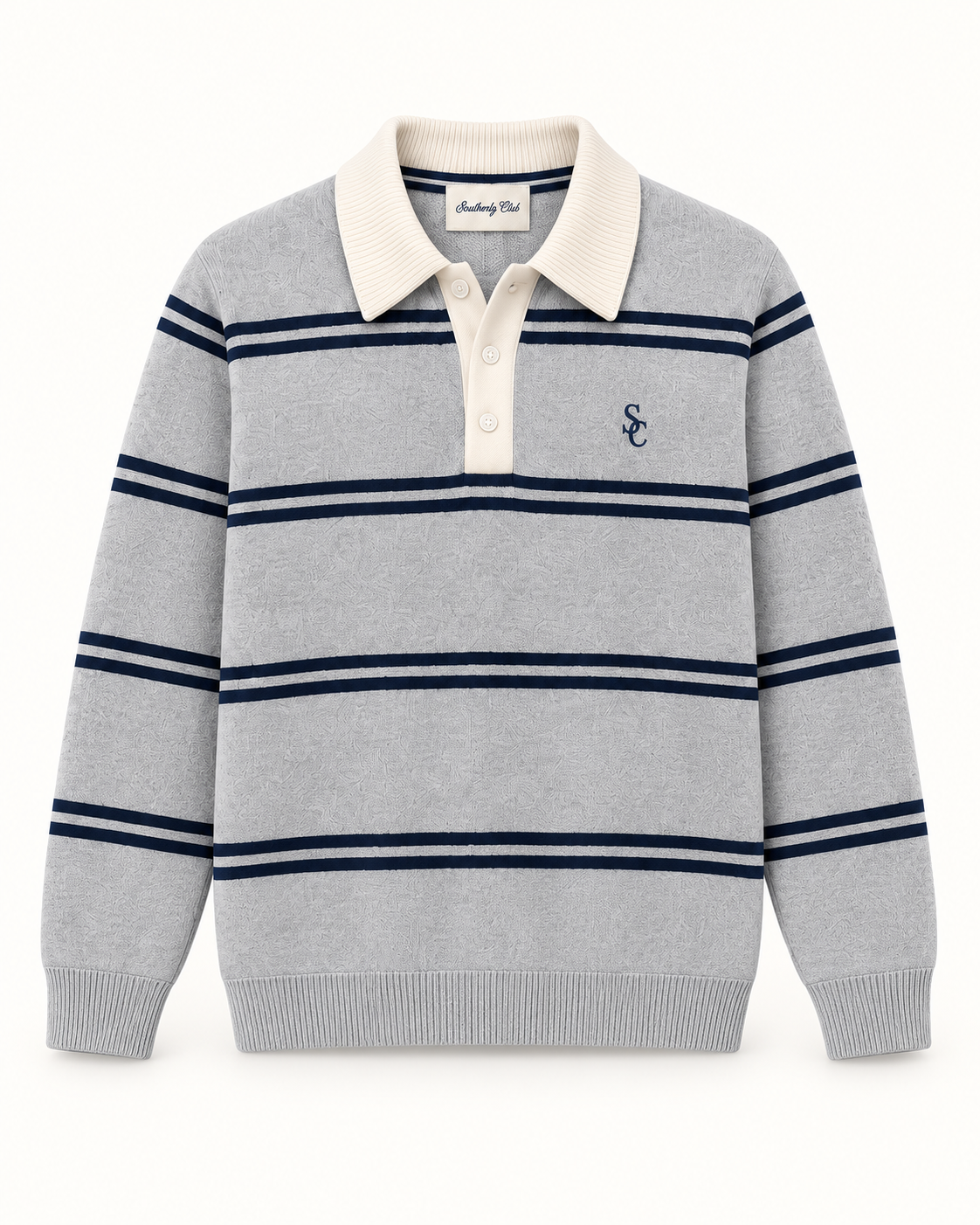 Southerly Club Grey striped knit polo, front design preview