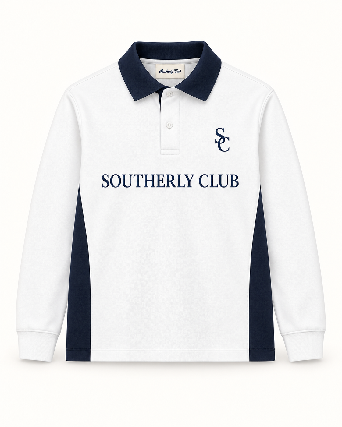Southerly Club Panel long sleeve polo, front design preview