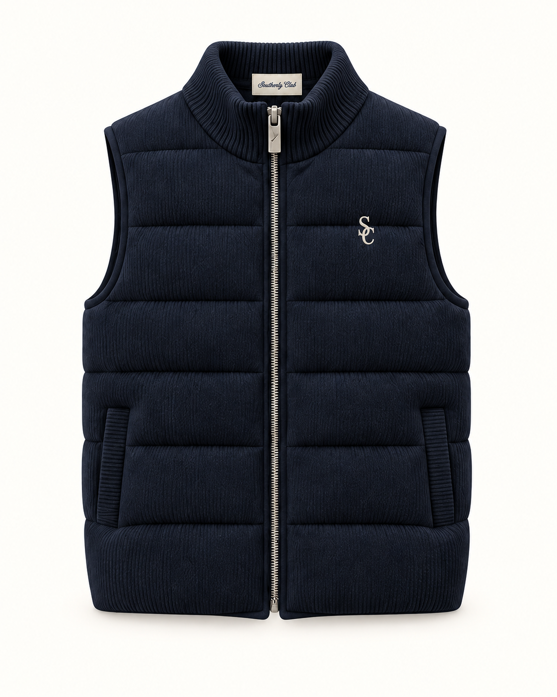 Southerly Club Navy quilted vest, front design preview