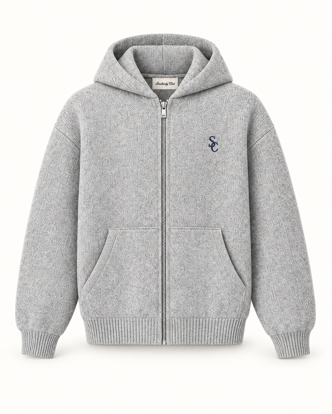 Southerly Club Grey knitted zip hoodie, front design preview