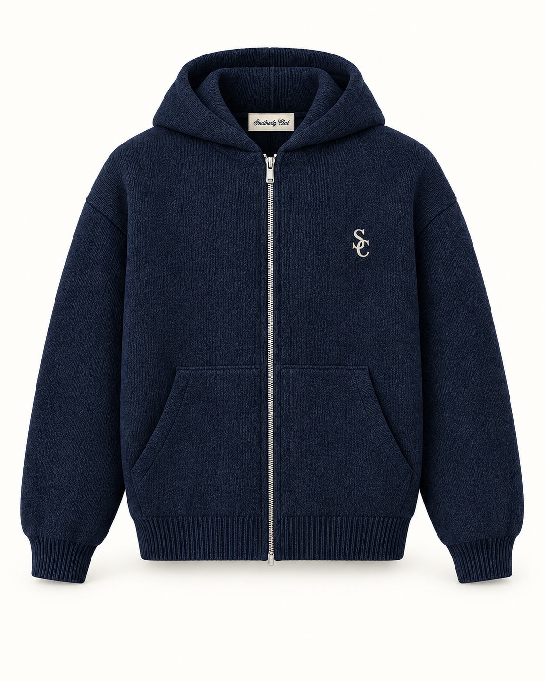 Southerly Club Navy knitted zip hoodie, front design preview