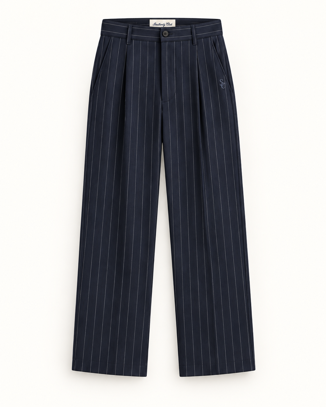 Southerly Club Navy pinstripe trousers, front design preview