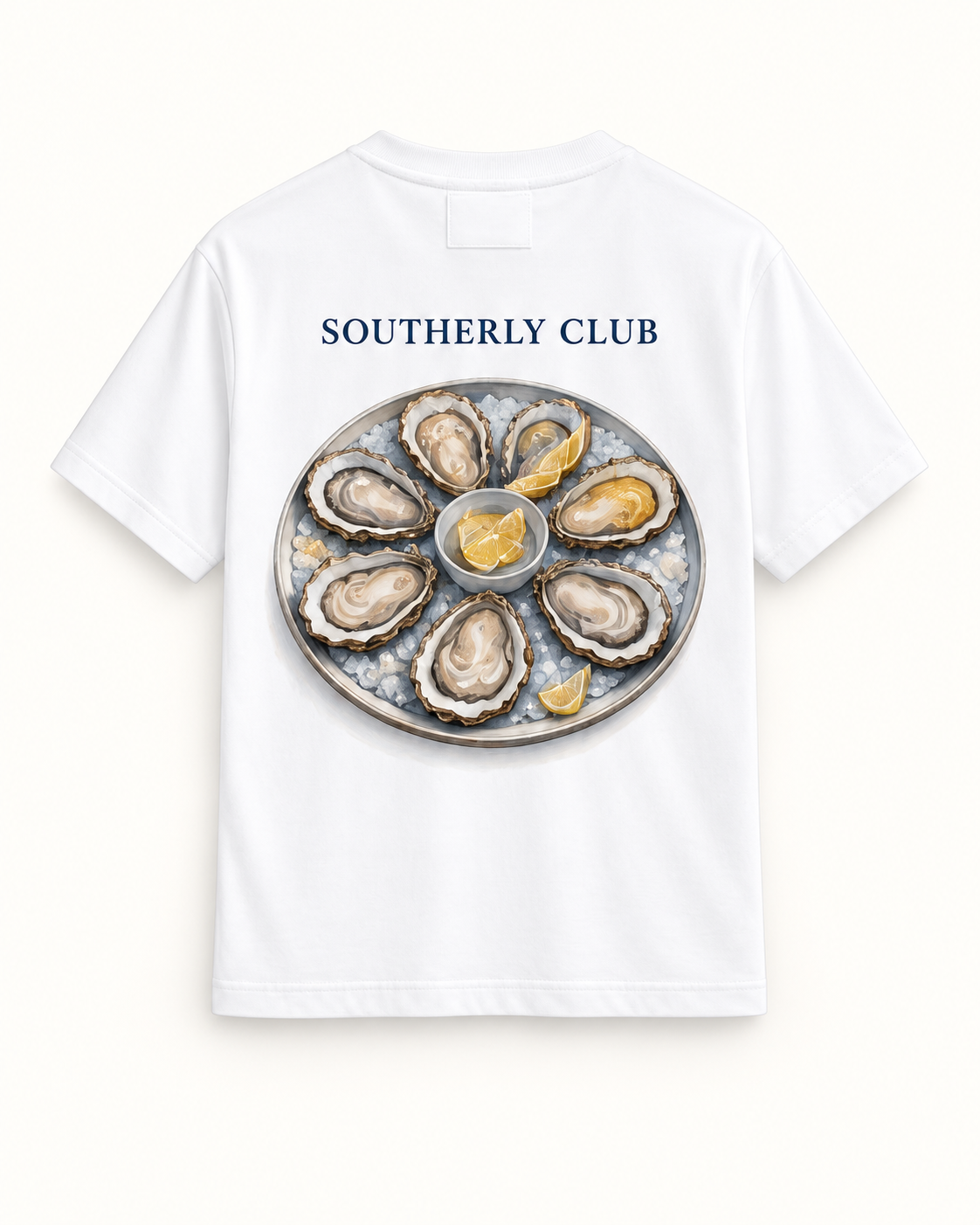 Southerly Club Oyster platter graphic tee, back design preview