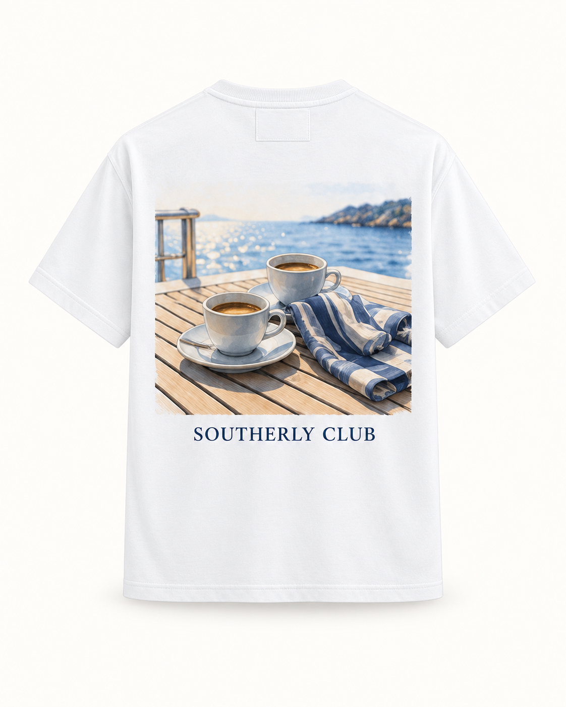 Southerly Club Deck coffee graphic tee, back design preview