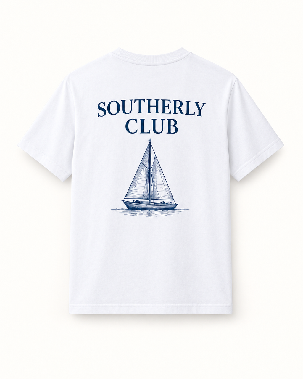 Southerly Club Sailboat wordmark tee, back design preview