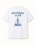 Southerly Club Sailboat wordmark tee, back design preview