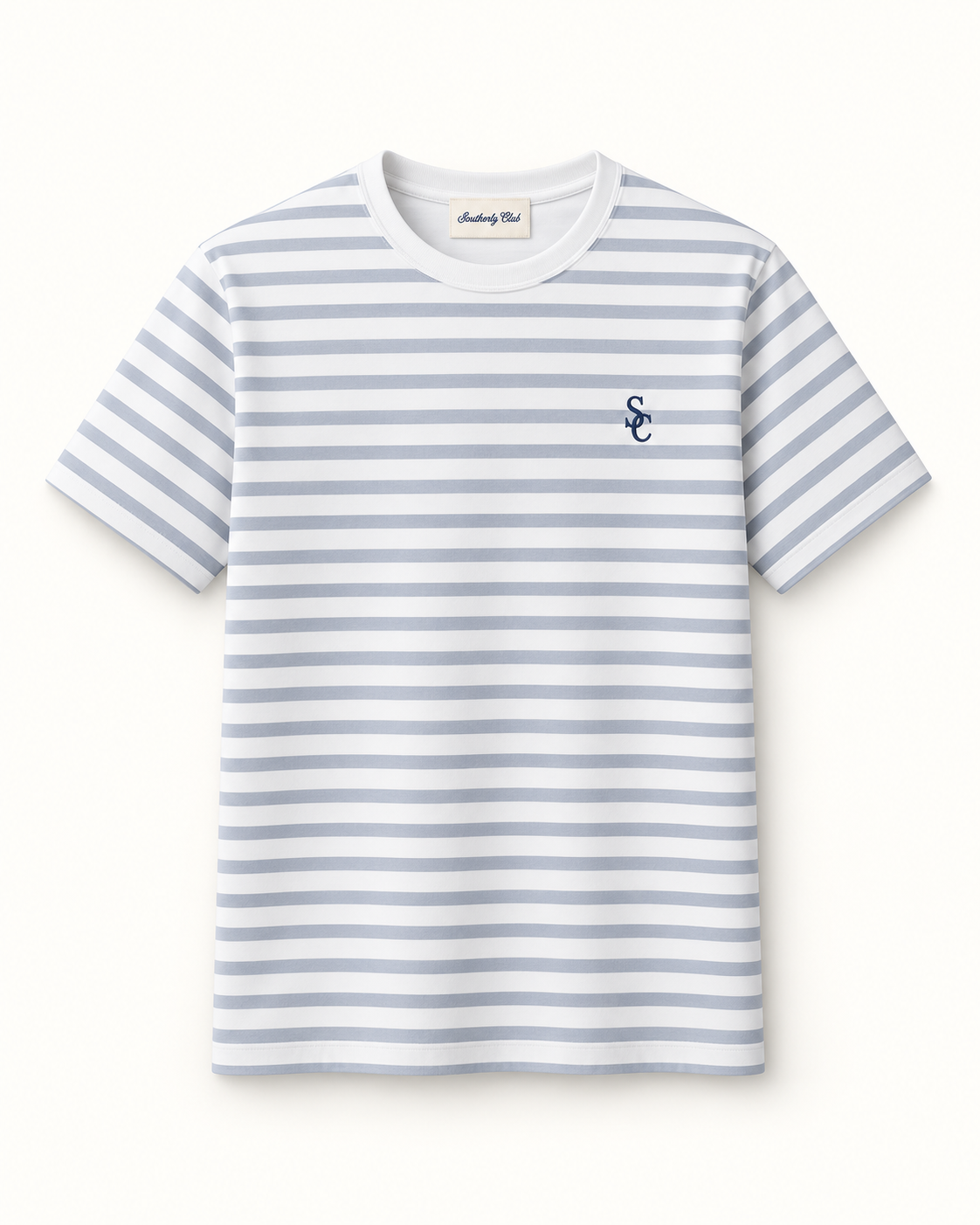 Southerly Club Grey stripe tee, front design preview