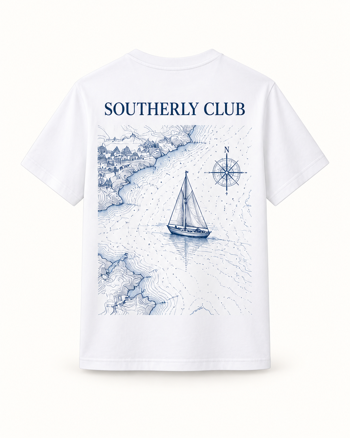 Southerly Club Coastal chart graphic tee, back design preview
