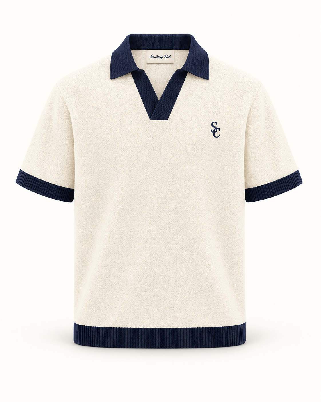 Southerly Club Cream contrast collar knit polo, front design preview