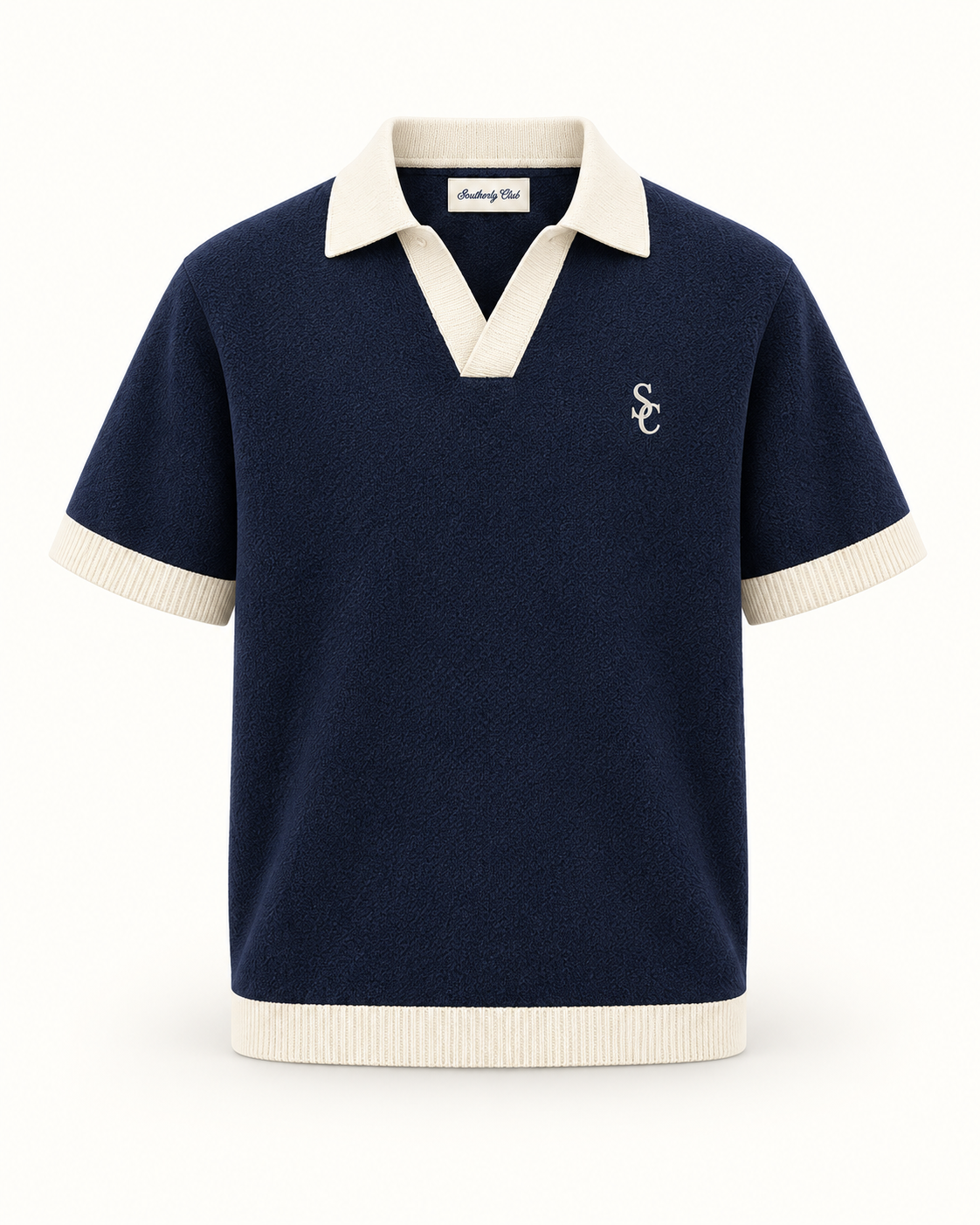 Southerly Club Navy contrast collar knit polo, front design preview