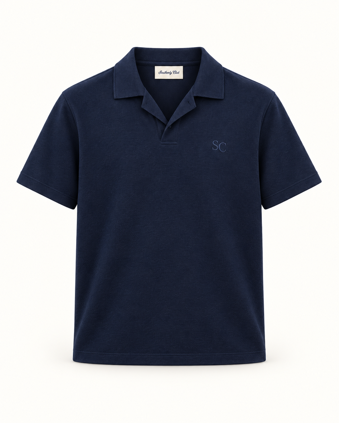 Southerly Club Navy open collar polo, front design preview