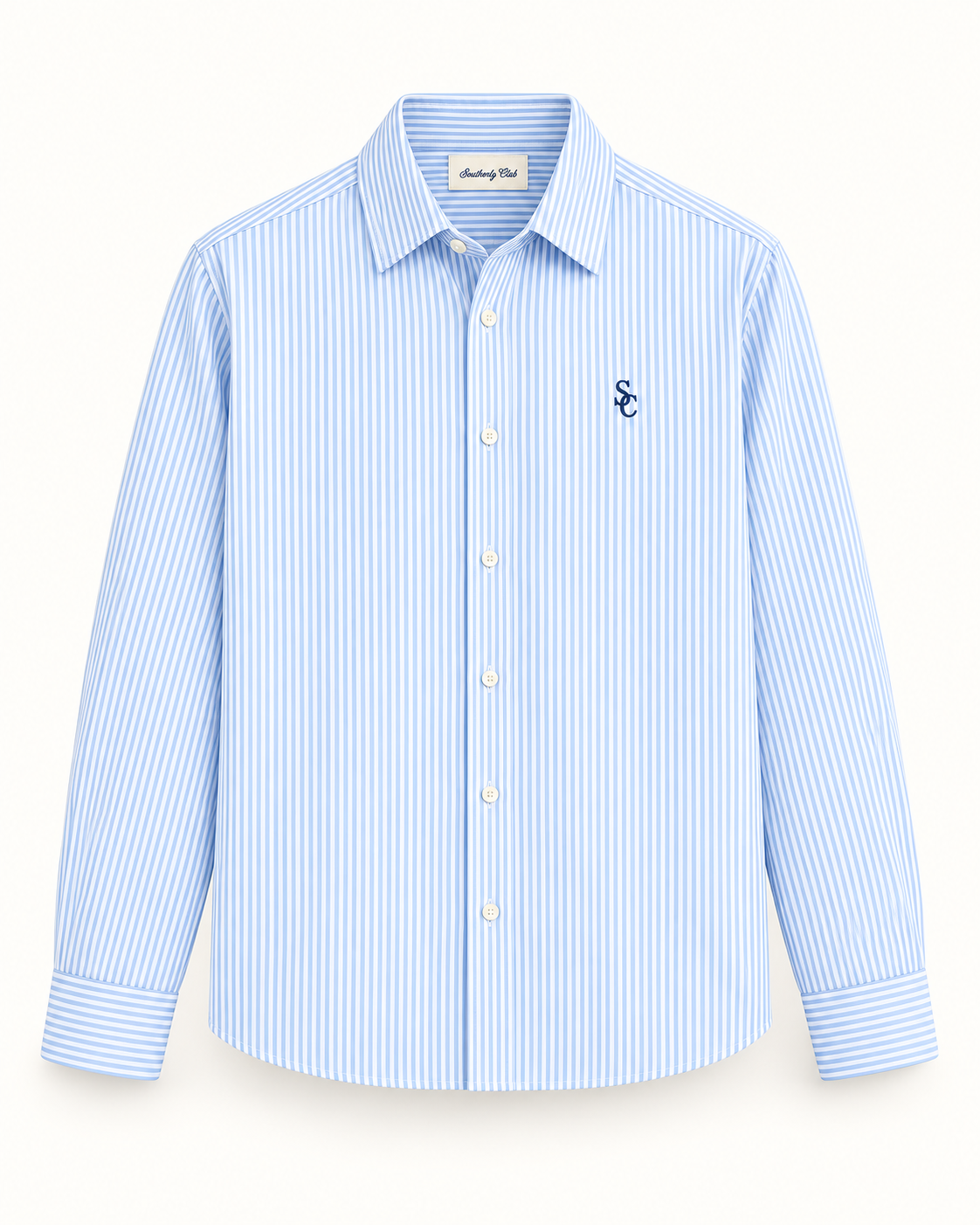 Southerly Club Blue pencil stripe shirt, front design preview