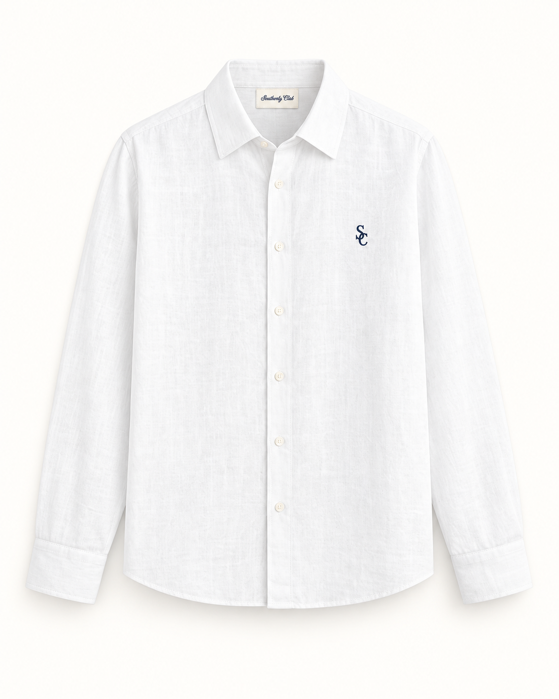 Southerly Club White summer shirt, front design preview