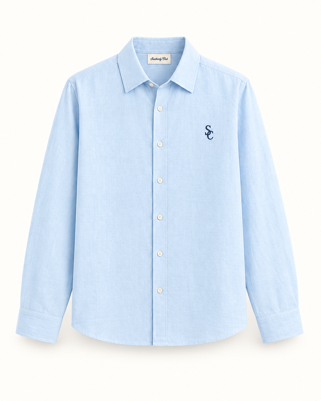 Southerly Club Pale blue summer shirt, front design preview
