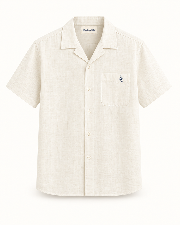 Southerly Club Cream camp shirt, front design preview