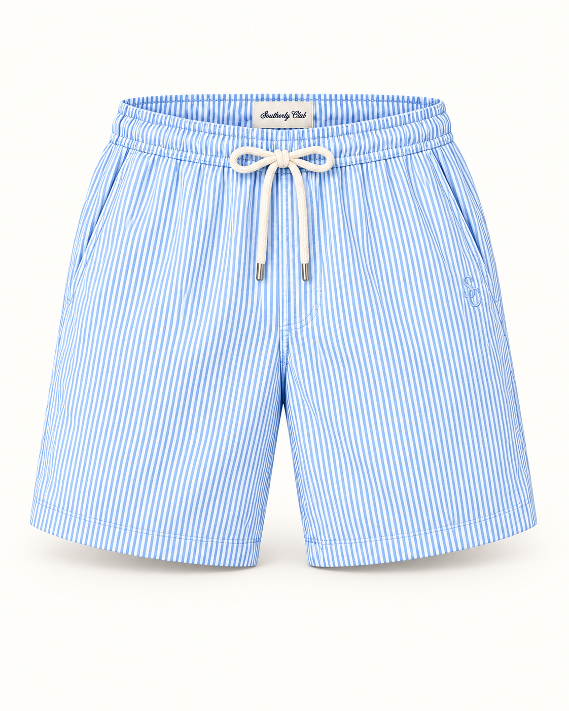 Southerly Club Blue stripe swim shorts, front design preview