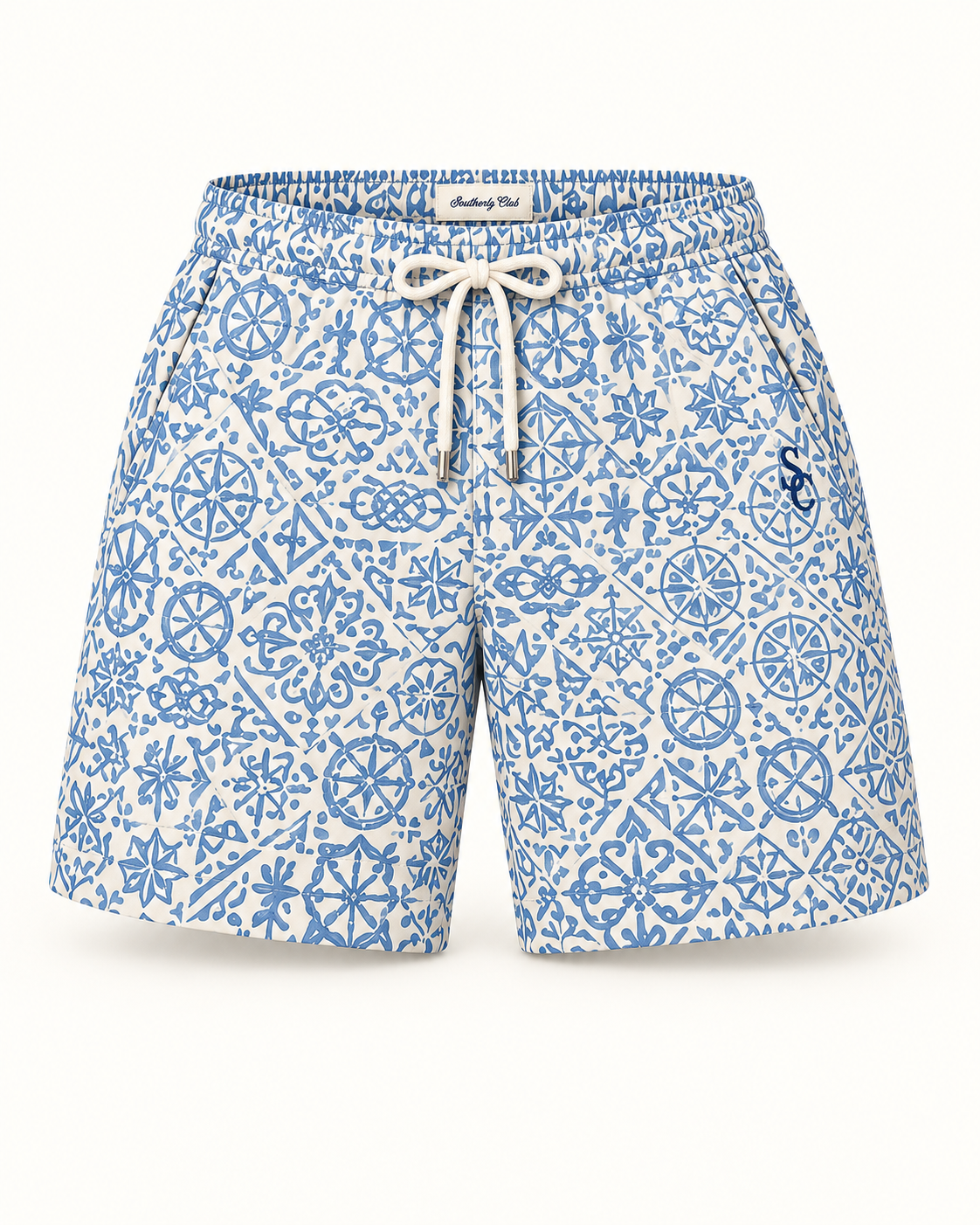 Southerly Club Blue nautical pattern swim shorts, front design preview