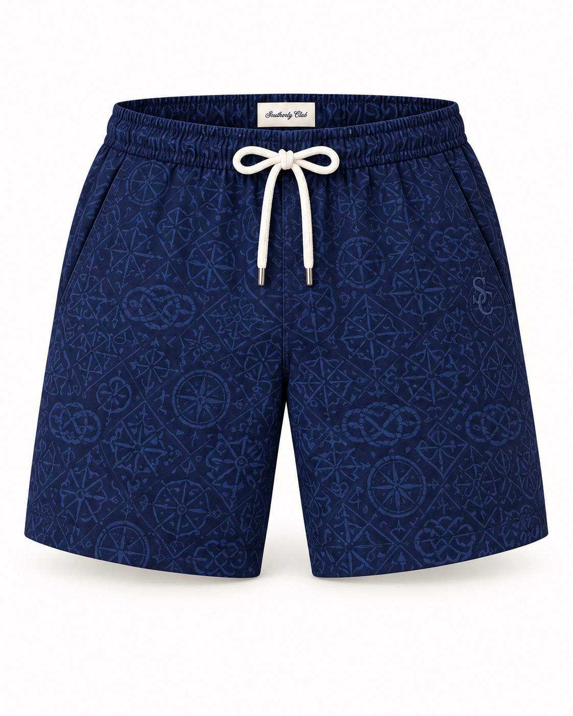 Southerly Club Navy tonal pattern swim shorts, front design preview
