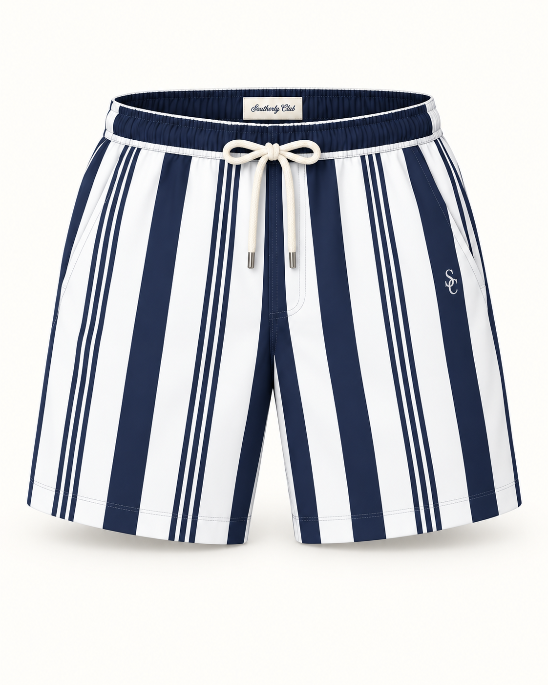 Southerly Club Navy companion stripe swim shorts, front design preview