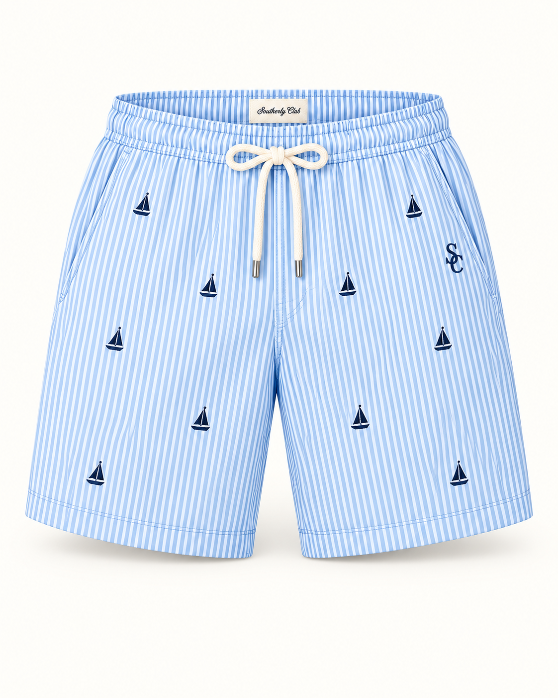 Southerly Club Sailboat stripe swim shorts, front design preview